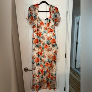 Lulus Orange and Red Floral Ruffle Wrap Dress with Puff Sleeve - size XL